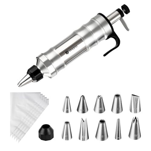 Dessert Decorating Syringe Set Icing Piping Kit Frosting Piping Kit Stainless Steels Cake Decorating Kit with 10 food grade stainless steel piping tips & 50 Disposable Piping Bags Black