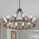 Farmhouse Wagon Wheel Chandelier 31" Black Rustic Light Fixtures 12-Light Wood Round Chandelier for Dining Room Living Room Entryway Foyer (Walut)