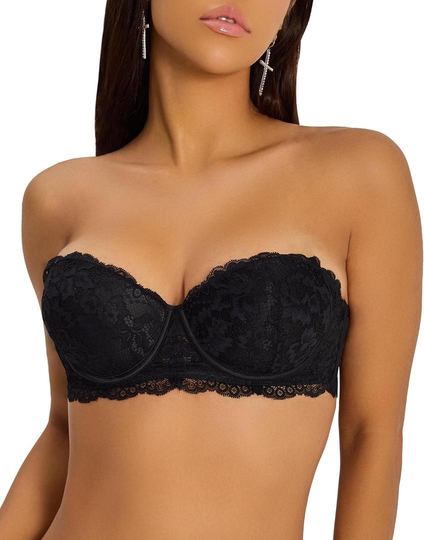 zossav Push Up Strapless Bras for Women Convertible Underwire Anti-Slip Lace Padded Bra Add 2 Cup 32D Pure Black