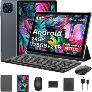 Tablet 2026 World's First Android 16 Tablet with Gemini AI, 11 Inch FHD Display, 24GB RAM 128GB ROM /2TB TF, T7250 CPU+13MP Camera, 8000mAh, Widevine L1, 2 in 1 Tablets with Keyboard Mouse Stylus (Gray)
