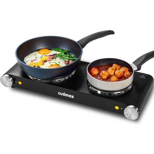 CUSIMAX Double Hot Plates Electric Burner, 1800W Countertop Cooktop with Adjustable Temperature Control, Hot Plates for Cooking Portable Electric Stove, Black Stainless Steel Cooktop, Upgraded Version