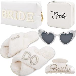 Bridal Shower Gifts for Bride - 5 Pcs Bride to Be Gift Set, I DO Slippers, Makeup Bag, Heart Sunglasses, Jewelry Box, Hair Clip, Cool Bachelorette Engagement Wedding Day Party Accessories for Her