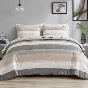 Madison Park Essentials Full Comforter Set, Bed in A Bag Comforter & Sheet Set, Modern Casual Stripes Print, All Seasons, Soft Microfiber Bedding Makeover, Matching Shams, Full Taupe/Grey 7 Piece