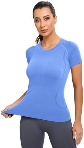 MathCat Workout Shirts for Women, Workout Tops for Women, Yoga Short Sleeve Shirts Soft Seamless Gym Shirts Size M, Blue