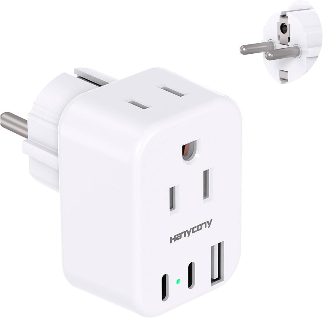 HANYCONY Type E F Plug Adapter, Germany France Travel Plug Adapter with 2 Outlets 3 USB Ports(2 USB C)Schuko Plug Power Adaptor for US to Europe EU Spain Iceland Korea Greece German French