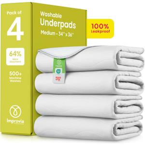 IMPROVIA Washable Underpads, Heavy Absorbency Reusable Incontinence Pads for Kids, Adults, Elderly, and Pets - Waterproof Protection Floor (White & White, 4 Pack - 34"x36")