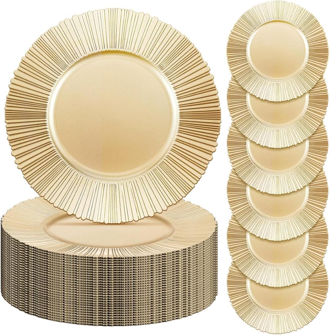 Yaomiao 50 Pcs 13 Inch Gold Charger Plates Bulk Plastic Plates Chargers Round Dinner Chargers for Wedding Party Table Setting Bridal Shower Event Decor (Light Gold)