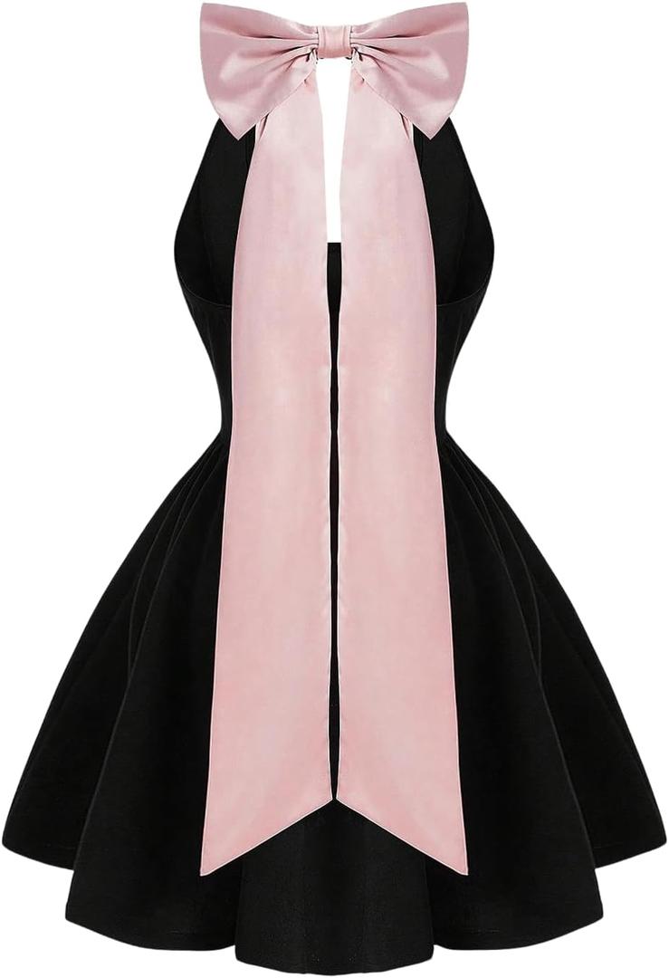 GORGLITTER Women's Bow Halter Dress Backless A Line Wedding Guest Birthday Cocktail Going Out Dresses (Medium) Black