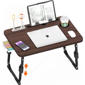 Laptop Desk for Bed Height Adjustable, Lap Bed Table with USB/Storage Drawer/Cup Holder/Tablet Stand/Book Shelf, Foldable Breakfast Tray Portable for Reading Writing, Sofa & Floor, Walnut