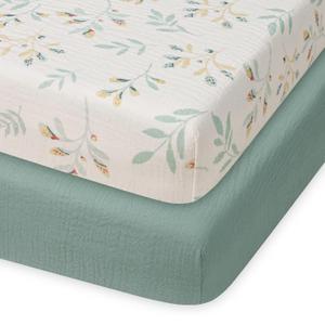 Blissful Diary Muslin Mini Crib Sheets, Pack and Play Mattress Sheets Fitted for Pack N Play, Soft Cotton for Boys Girls, 2 Pack(Roman Green&Leaf)