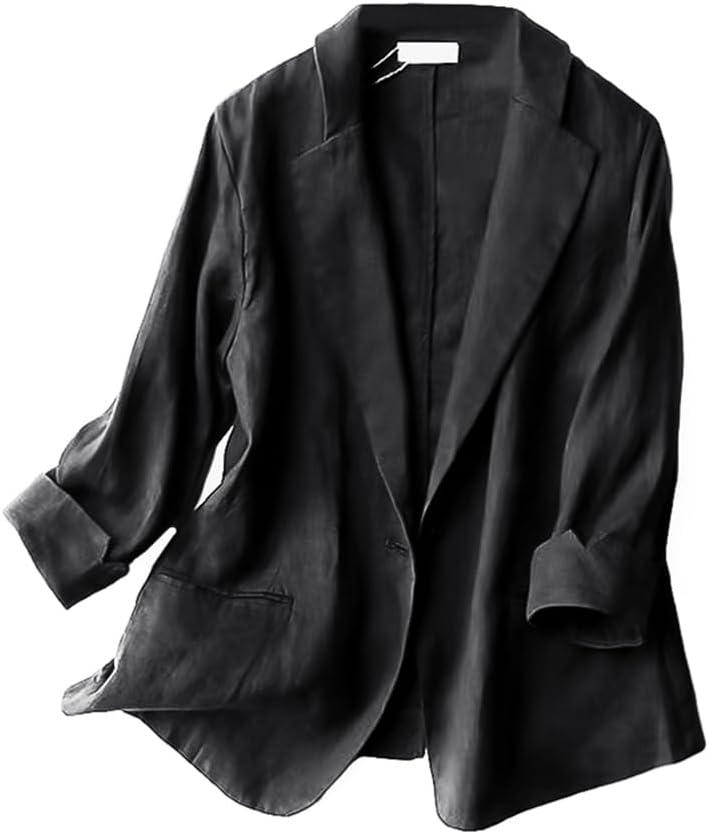 Kinghua Women's Casual One Button Linen Blazer Jackets Lapel 3/4 Sleeve Suit Blazer (Black, )