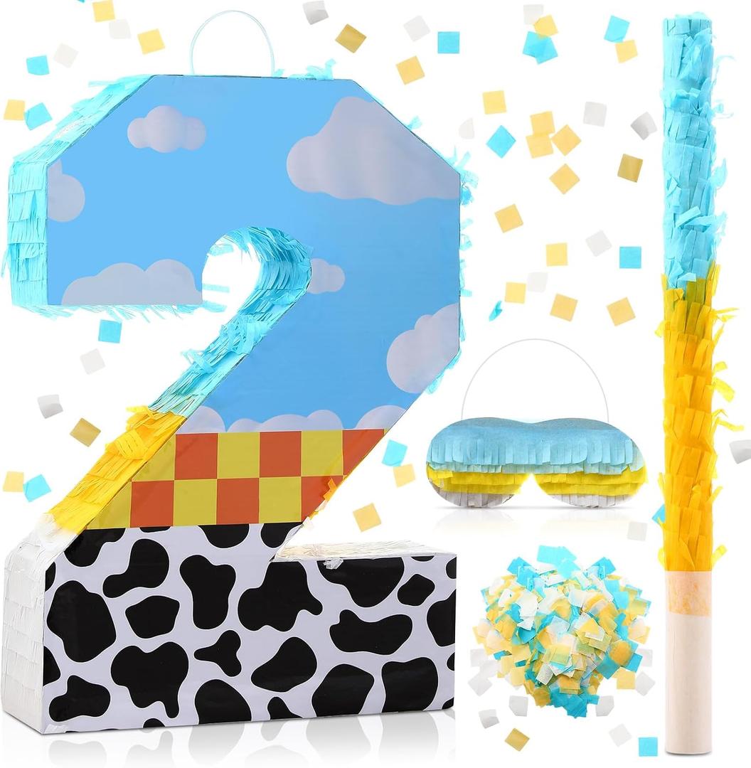 Poen Cow Number Piata for Kids Birthday Decorations Toy Game Cow Birthday Piata with Stick Blindfold and Confetti Blue Sky and White Cloud Candle for Boy Girls Party Inspire Decor(Number 2)