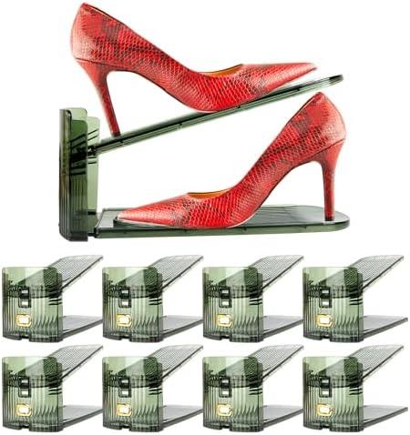 Yes!Fresh Shoe Slot Organizer, Boutique Display Style Shoe Stacker for A Pair of Shoes, Separable Shoe Rack for Closet Organization, 3 Adjustable Narrow Shoe Rack (Transparent Green, 8 Pack)