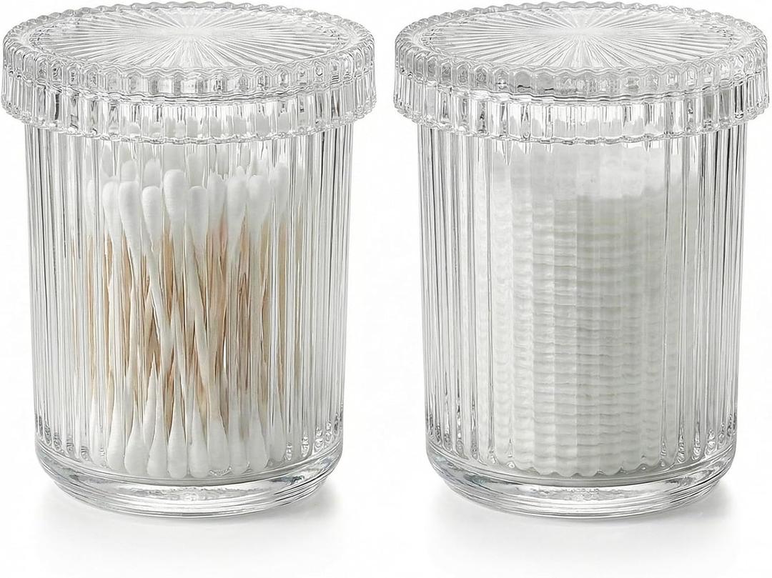 Rejomiik Glass Qtip Holder Dispenser 2 Pack, Bathroom Canister Apothecary Jars with Lids, Vanity Makeup Accessories Storage Organizer for Cotton Swabs, Cotton Balls, Pads, Floss Picks, Clear