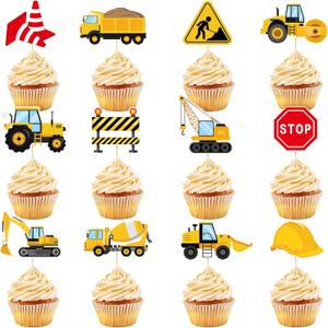 48 Pcs Construction Cupcake Toppers Picks Excavator Tractor Dump Truck Stop Sign Part Cupcake Toppers Truck Cake Decorations for Construction Theme Birthday Baby Shower Party Supplies