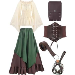 Hillban Women Medieval Renaissance Dress Costume Halloween Blouse Top Skirt Pouch Bottle Corset Belt Medium