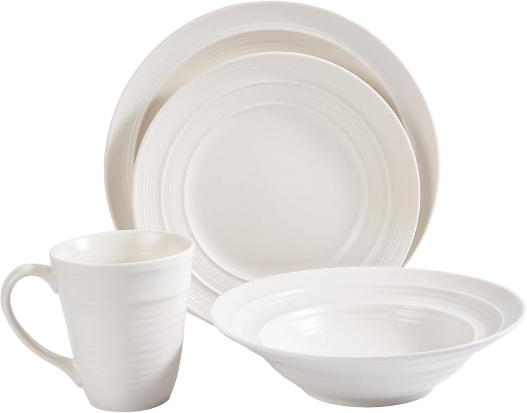 Modern Ceramic Dinnerware Set, 4-Piece, Mug, Bowl and Dinner Plates (White)