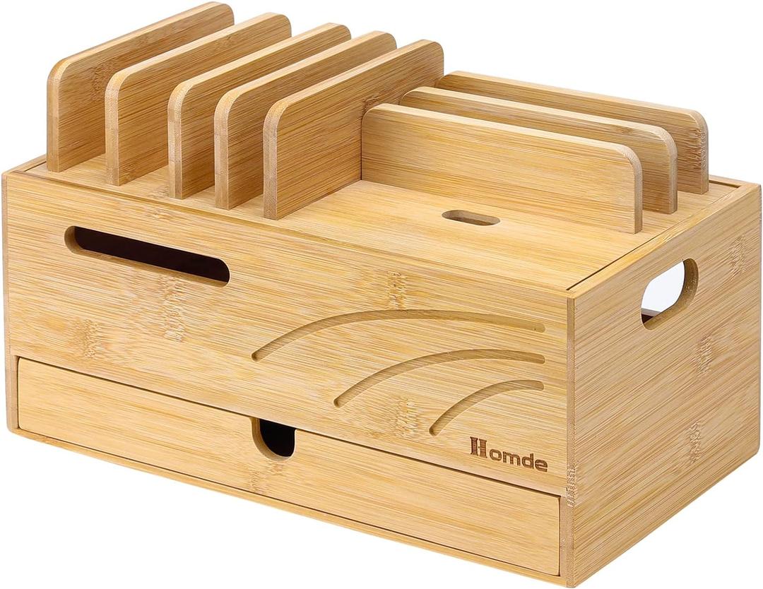 Homde Natural Bamboo Charging Station Rack for Multiple Devices Cable Cord Management Box Organizer Holder with 6 Slots Drawer for Chargers Phones Tablets Watches Electronics (Natural)