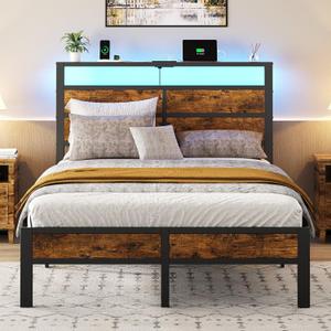 Full Metal Bed Frame with USB Charging Station, Headboard Storage, LED Lights, Noise-Free Design, No Box Spring Needed Visit the Store (Brown)