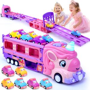 Unicorn Truck Toys for 2 3 4 5 6 7 Year Girl Toddler Foldable Track 2 Player Race Mode Friction Power Toy Cars Light&Sound Push Transport Carrier W/ 6 Princess Cars Birthday Gift Idea for Kids Girls