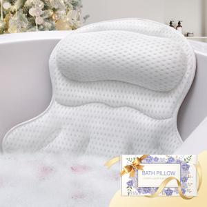 Bath Pillow Luxury Bathtub Pillow, Extra Soft & Comfortable Bath Pillows for Tub Head Neck and Back Support, with 4D Air Mesh Cushions & Non-Slip Suction Cups - Bath Accessories Spa Gifts for Women (White)