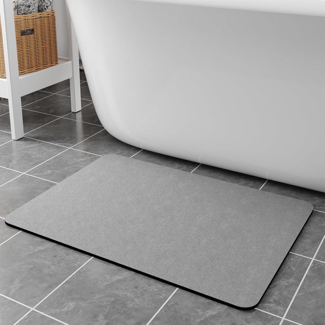 Diatomaceous Earth Bath Mat - 24x17 Quick Dry Absorbent Non Slip Thin Bathroom Rug, Grey