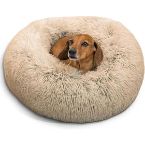 Best Friends by Sheri The Original Calming Donut Dog Bed  Washable Plush Pet Bed for Cats & Small Dogs up to 25 lbs, Shag Faux Fur, Taupe, Small (23" x 23")