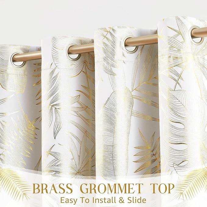 Ronaldecor Gold Blackout Curtains for Bedroom 2 Panels Tropical Leaf Panels Darkening Thermal Insulated Soundproof Grommet Top Window Treatments Set, 52x90Inch, 2 Panels