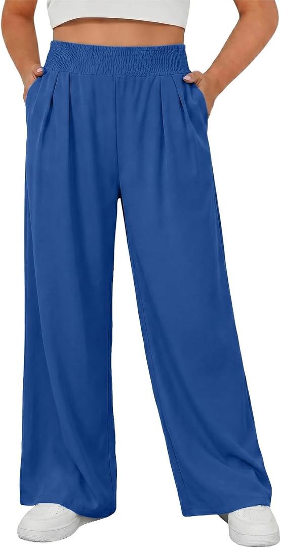 Eytino Womens Plus Size Pants Summer Elastic High Waist Drawstring Casual Loose Wide Leg Trousers Pants with Pockets(1X-5X), 1X (Blue)