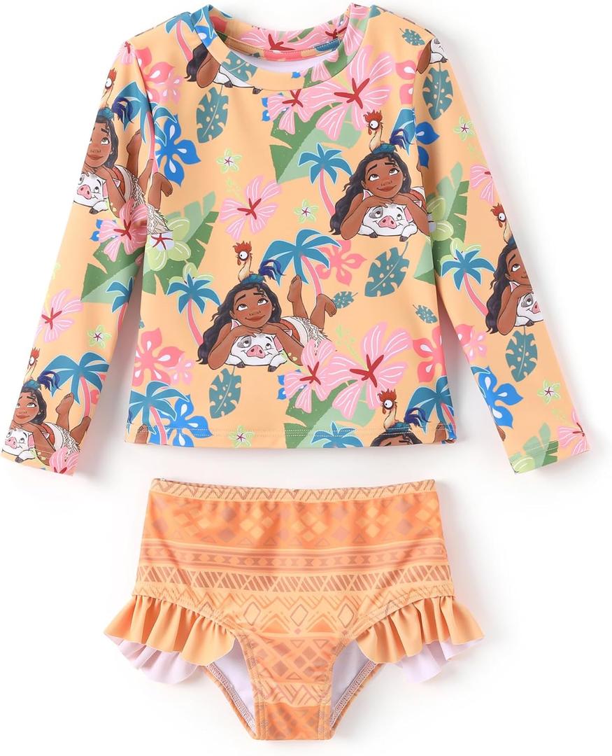 Disney Mickey and Friends Girl Two Piece Long Sleeve Swimsuit Rashguard Bathing Suit (2T, Disney Princess-orange)