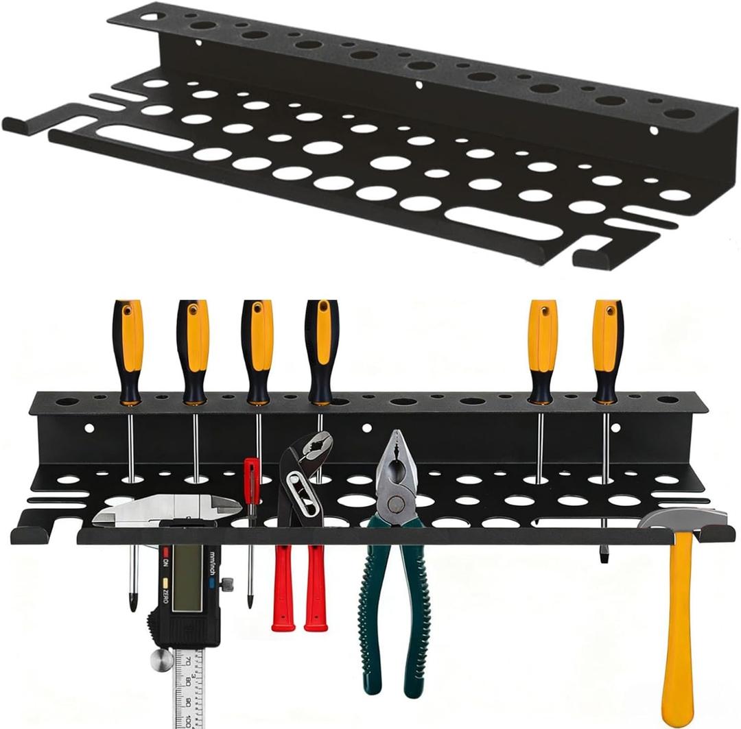 Metal Screwdriver Organizer, 15.75inch Utility Wall Mount Tool Organizer for Screwdrivers Pliers Holder with 35 Holes, Hand Tool Storage Rack for Workbench, Garage, Warehouse (Black, 2 Layers) (Without Charging Station)