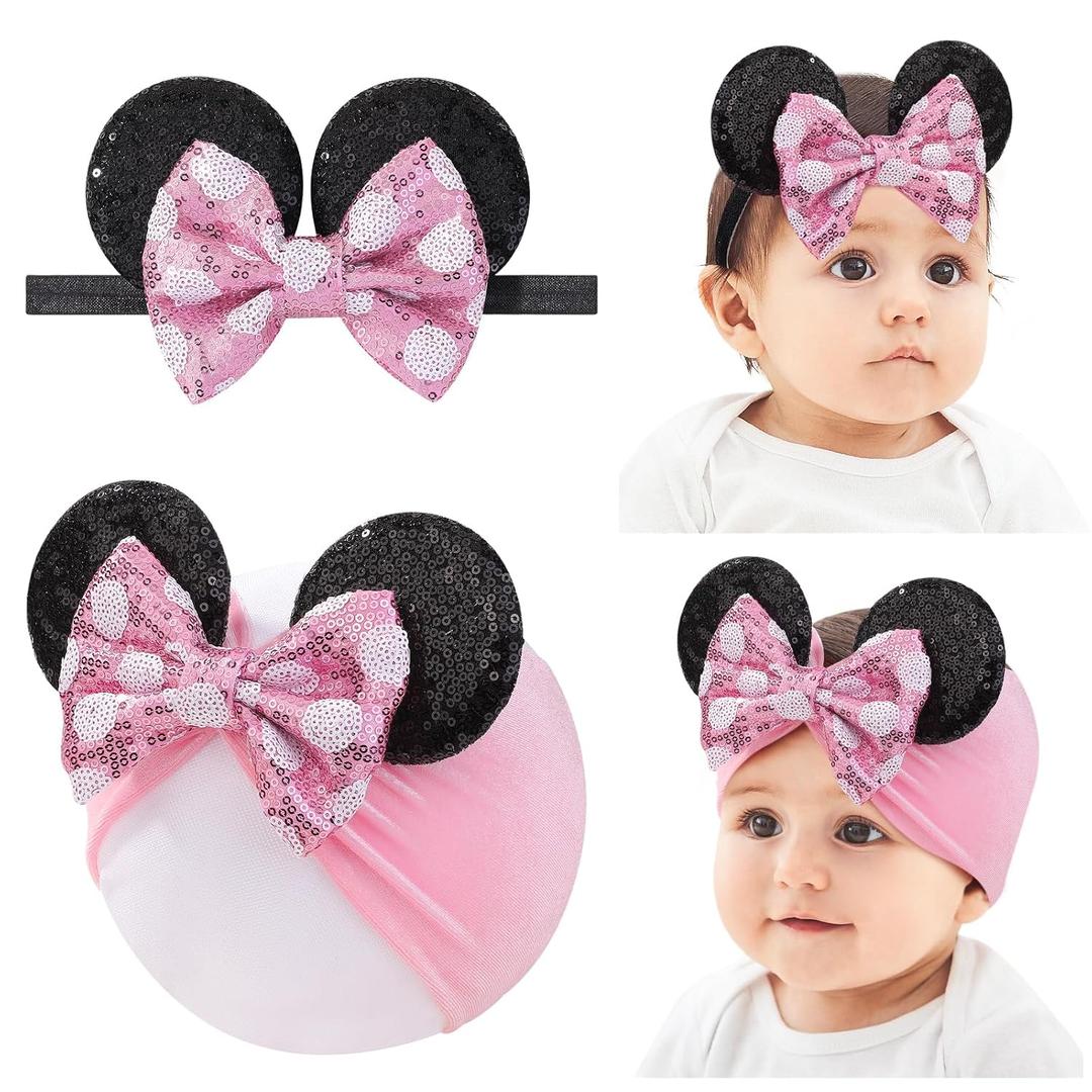 choicbaby Baby Girl Headbands Mouse Ears Headwrap with Sequin Polka Dot Bow Soft Stretchy Nylon Hair Bands for Newborn Infant Baby Toddler Girls- Pack of 2