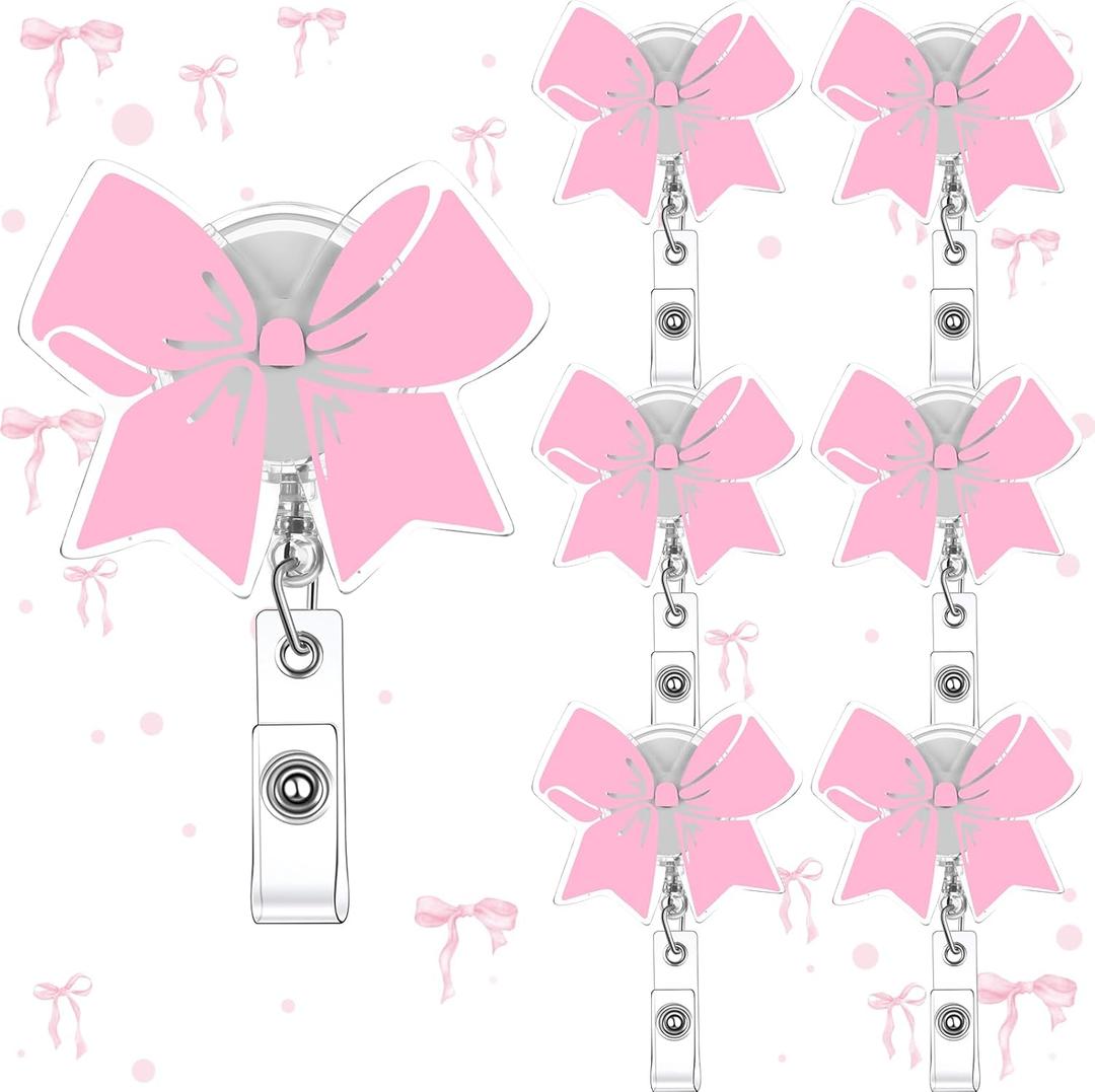 4 x Wavwavw Pink Bow Badge Reel Cute Retractable ID Badge Holder Clip Pink Bow Accessories for Nurses' Day Gift Nurse Office Student Teacher Doctor Coworker Employee CNA RN MA LPN Medical(6 Pcs)