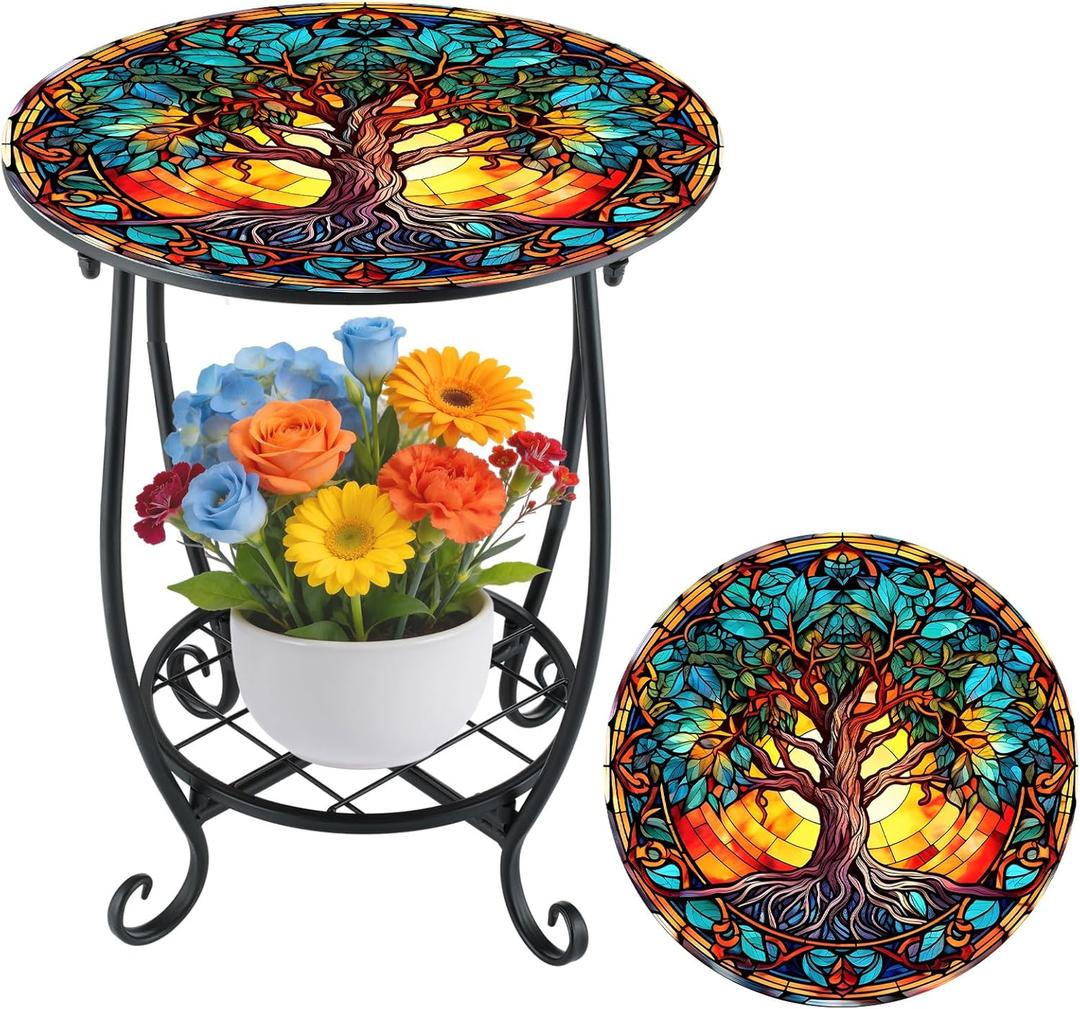 Cinnvoice Outdoor Side Table Round Small Mosaic Patio Accent Indoor End Plant Coffee Tea Table for Yard Patio Porch Garden Living Room, Bedroom(Tree of Life Style,12 Inch)