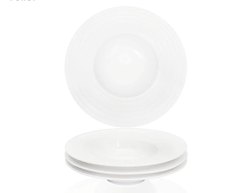 Ceramic Wide Rimmed Soup Plate, Soup Bowl 8 oz, Pasta Bowl Set of 4, White Shallow Bowl Plate with Rim, Best choice for high-end restaurants, hotels, and foodies, 9.6 Inch Coil relief