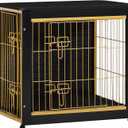 DWANTON Dog Crate Furniture with Cushion, Wooden Kennel Table with Double Doors, Indoor Dog House, Small/Medium/Large Size, 27.2" L, Black+Gold