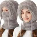 3 in 1 Beanie Hat with Scarf and Mask for Women - Winter Warm Windproof Balaclava, Fleece Lined Ski Mask Set (Gray)