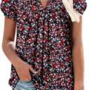 onlypuff Womens T Shirts Short Sleeve Pleated Floral Tunic Tops Dressy Casual Crew Neck Summer Boho Tops Blouses (L)