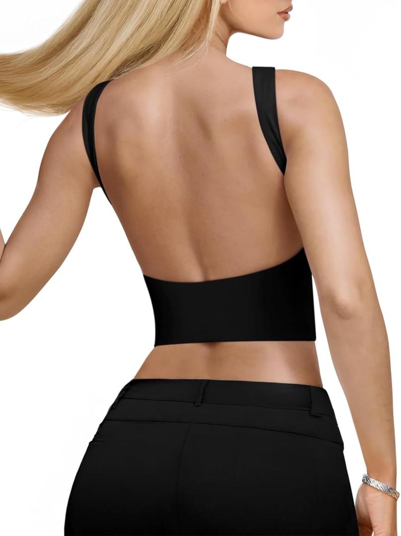 REORIA Women's Sexy Open Back High Neck Sleeveless Tank Top Y2k Trendy Backless Crop Tops (Medium, Black)