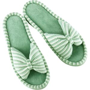 DL Women's Memory Foam Open Toe Slide Slippers with Cute Bow and Cozy Terry Lining, Slip-on House Shoes Spa Mules Sandals with Indoor Outdoor Rubber Sole (5-6, Light Green)