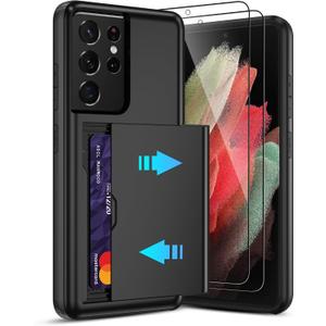 Pilaru for Samsung Galaxy S21 Ultra Case with Card Holder and (2 Pcs) HD Screen Protector, Slim Heavy Duty Dual Layer Shockproof Design & Hidden Card Slot Wallet Case for S21 Ultra-Black