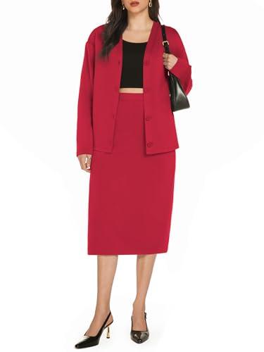 Casly Lamiit Matching Midi Skirt Sets for Women Two Piece Casual Outfits Skirts Dress Lounge Work Suit Set with Pockets Cardigan Jacket Red, S