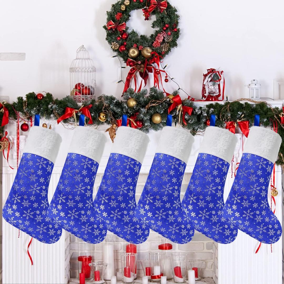 CCINEE Christmas Large Stockings, 6pcs 18 Inches Tall Glitter Silver Snowflake Blue Print with Plush Cuff Classic Stocking Decorations for Xmas Festive Gifts Home Fireplace Decor