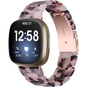 Resin Watch Band Compatible with Fitbit Versa 4/Sense 2/Versa 3/Sense 1, Lightweight Adjustable Fashion Bracelet Wristband Replacement for Women Men with Stainless Metal Buckle (Tortoise Stone Flower)