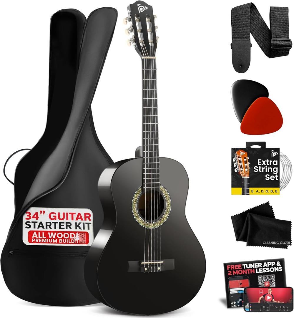Pyle Beginner Acoustic Guitar Kit, 1/2 Junior Size All Wood Instrument for Kids, Adults, 34" Black Matte