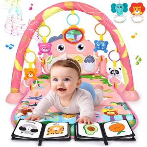 UMIKU Baby Play Mat Baby Tummy Time Mat Infant Newborn Musical Activity Center with High-Contrast Piano Music & Light Newborn Babies Gift for Girl Boy Babies 0-6 6-12 Month Pink Dinosaur (Pink(book Toys))