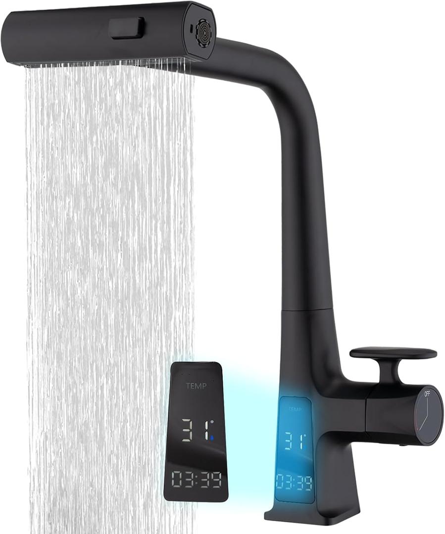 Black Waterfall Kitchen Sink Faucet with LED Temperature and Usage Time Display, Single Hole Kitchen Rain Faucet with Pull Down Sprayer, 3 Modes(Waterfall, Stream, Sweep) 360 Swivel -Matte Black