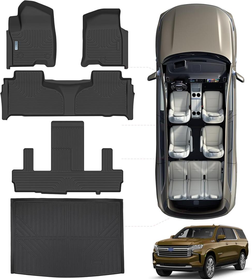 Floor Mats for 2021-2024 2025 Chevrolet Suburban 7 Seats (2nd Row Bucket Seats)not fit 8 Seats/ GMC Yukon XL(Only XL) & Trunk mat TPE Floor Liners & Cargo Liner for Chevy