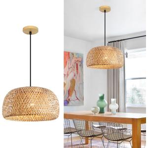Lightinthebox Woven Bamboo Pendant Light Farmhouse Boho Chandelier Rattan Hanging Light Fixture Dome Shape Ceiling Light for Dining Room Kitchen Island Living Room Bedroom