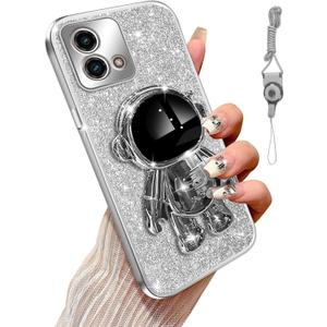 for Moto G Stylus 5g 2023 Phone Case with 6D Astronaut Stand Function Shockproof Protective Soft Bling Luxury Plating Cover Case for Motorola G Stylus 5g 2023, Silver